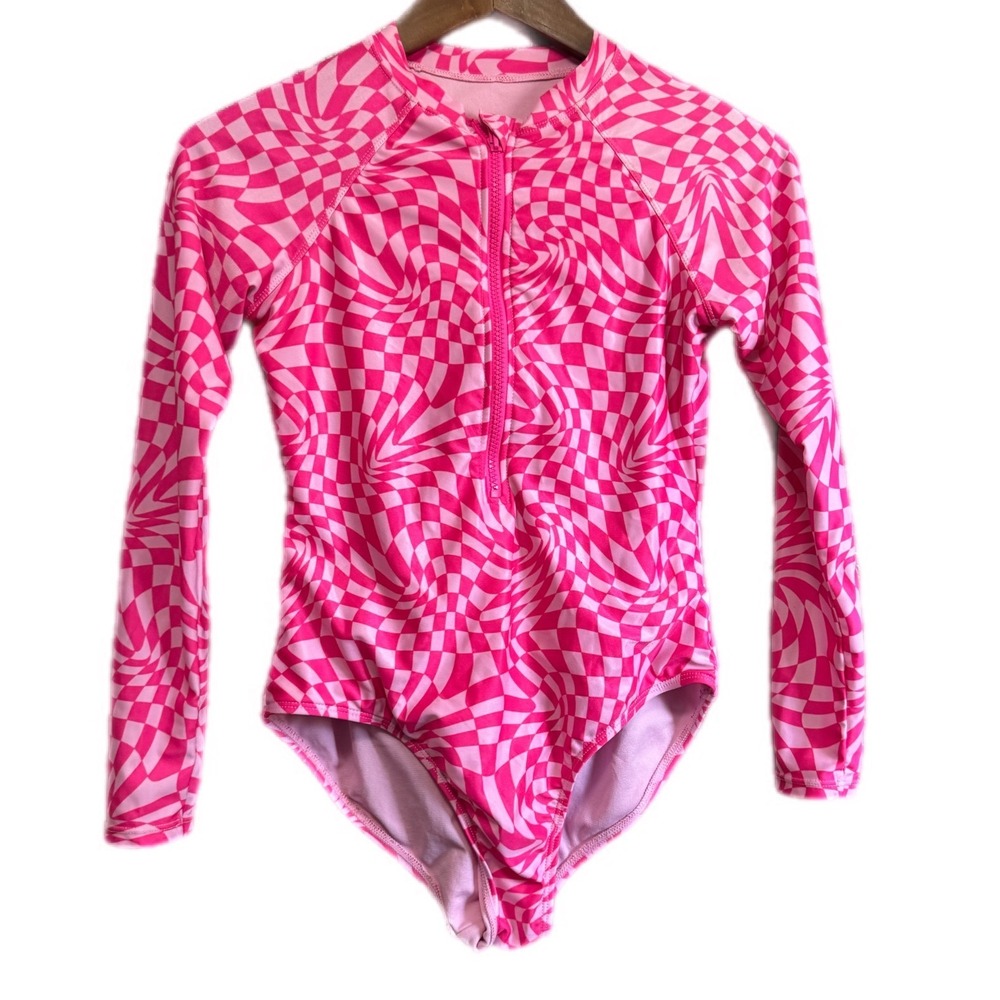 Wonder Nation Swimsuit‎ Kids XL 14-16 Excellent Warped Checkerboard Rash Guard